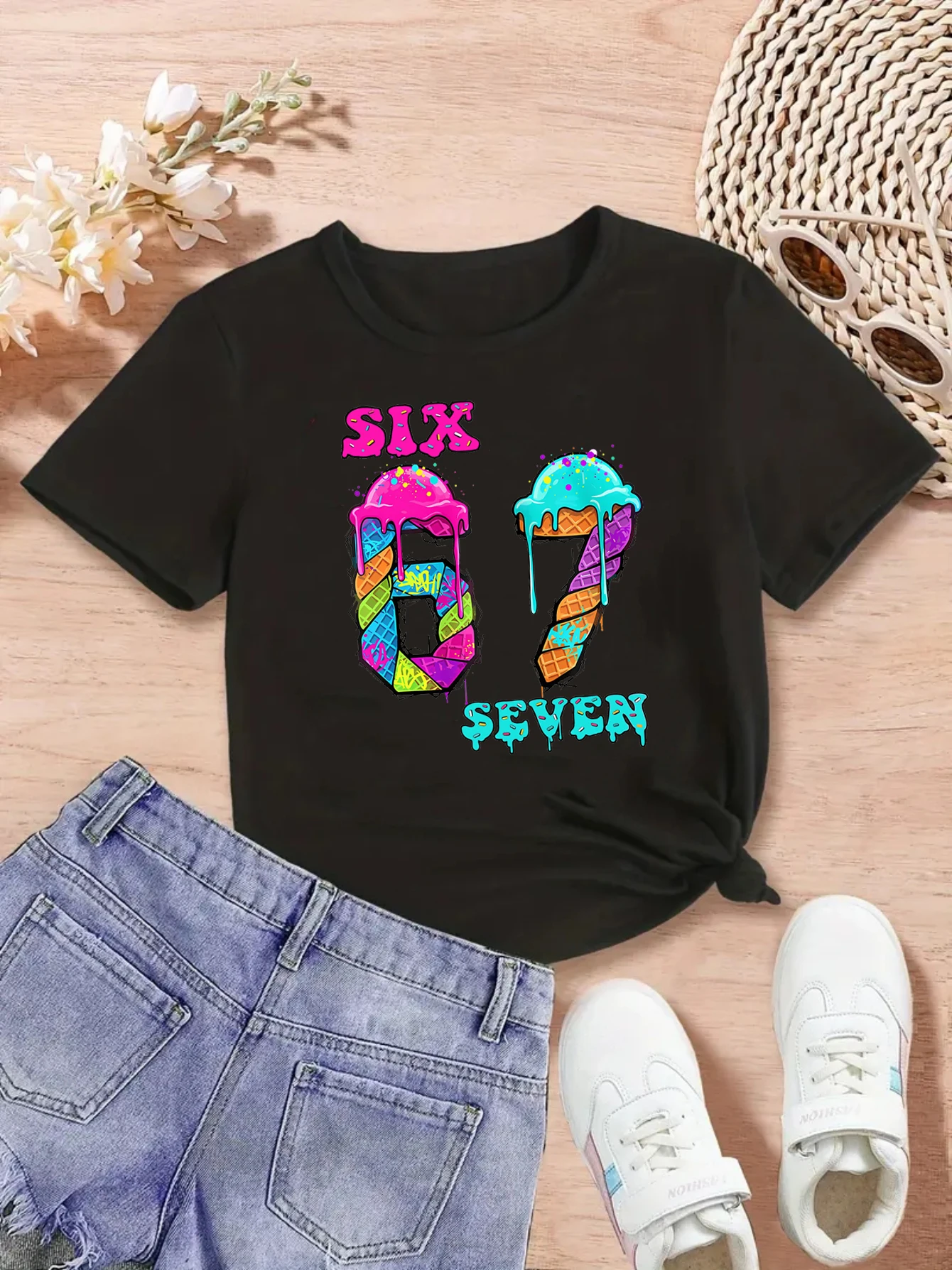 

Colorful Ice Cream 67 Six Seven Meme Printed T Shirt Girls/Boys 6th/7th Birthday Gift T-Shirt Funny Kawaii Kids Clothes