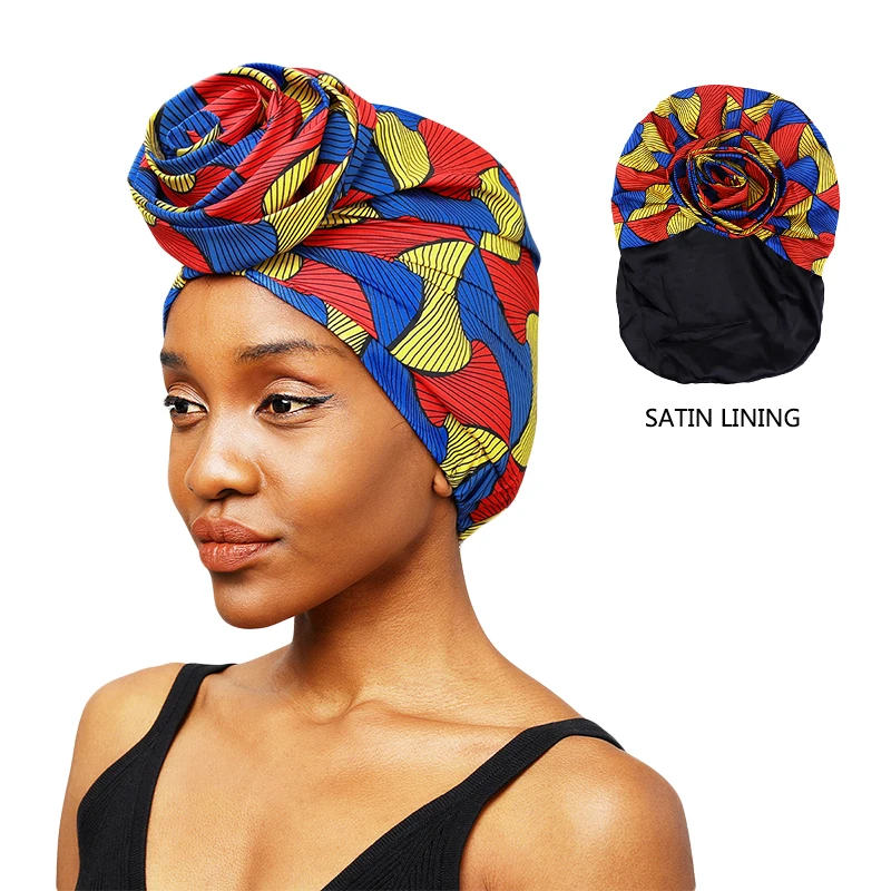 Turbante forrado de satén con estampado africano para mujer, sombrero de flores de inmersión, todo tipo de gorras étnicas populares multifunción