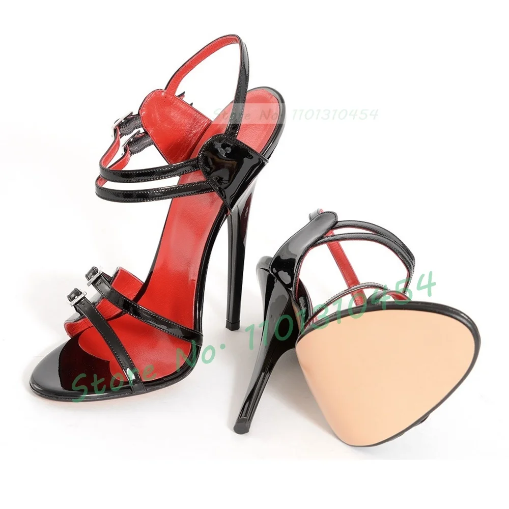 Multi Belt Buckles 16cm Sandals Sexy Women Super High Heels Plus Size Shoes Party Ankle Strap Black Patent Nightclub Sandals