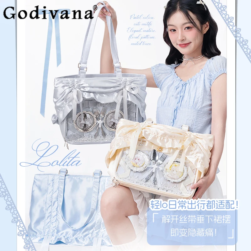 New 2025 Original Student Girls Pleated Satin Ruffled Shoulder Bag Japanese Style Large Capacity Ita Bag Women's Tote Handbags