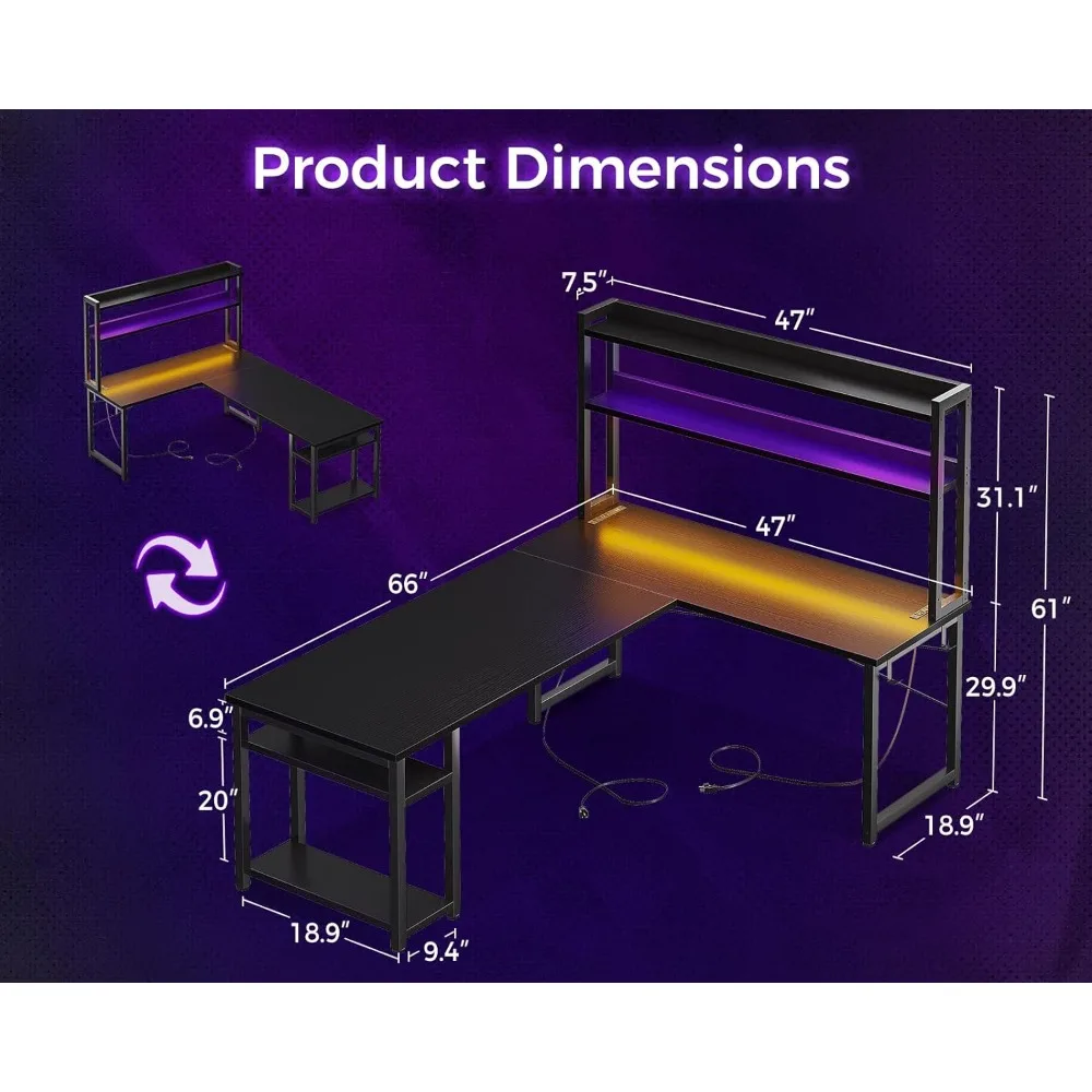 Ing с выемками, розетками питания, светодиодной лентой и подставкой для монитора, 66 дюймов, двусторонний компьютерный стол с полками для хранения, угловой f