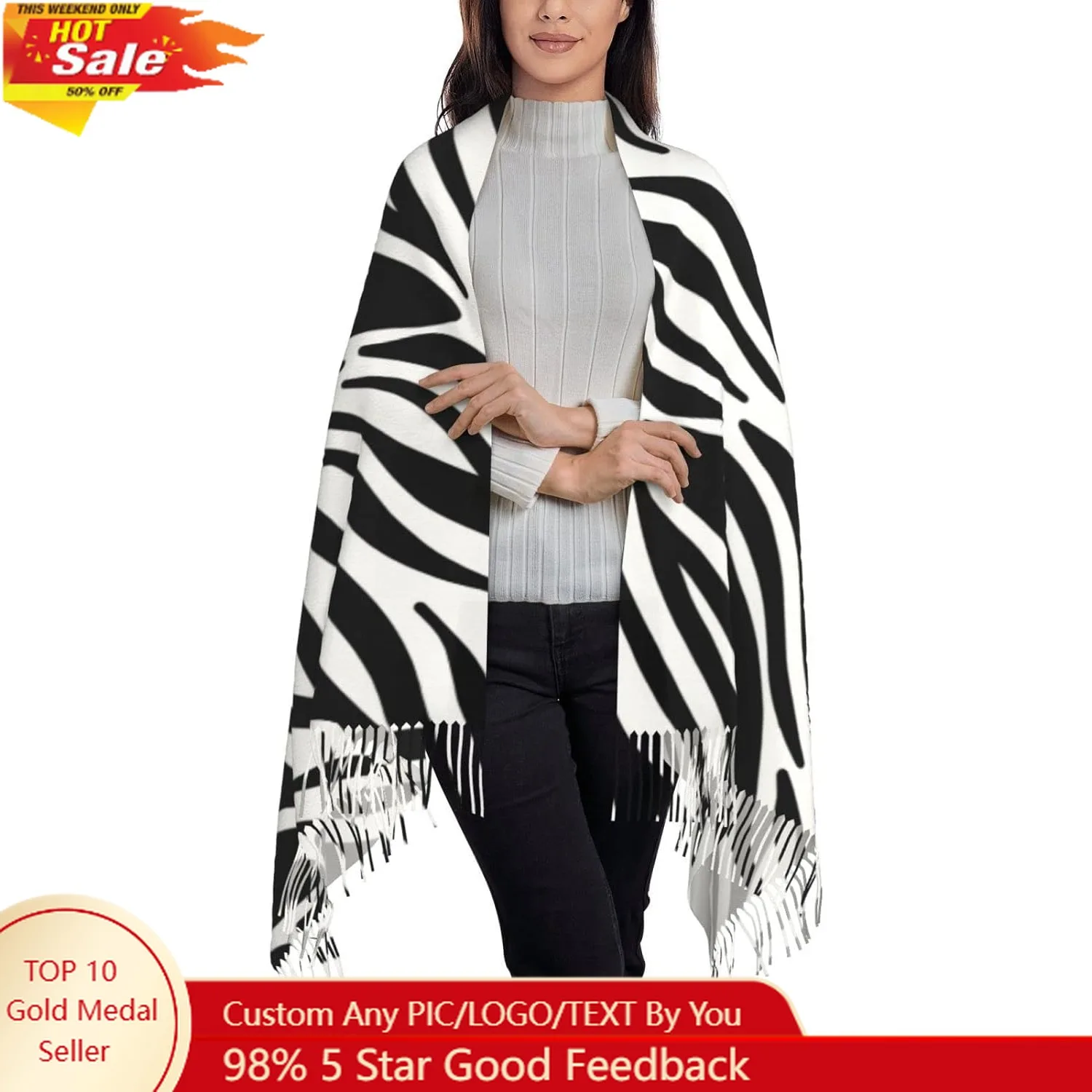 

Zebra Print Scarf Long Shawl Wraps Pashmina for Women Girls with Tassels Soft Warm Cozy