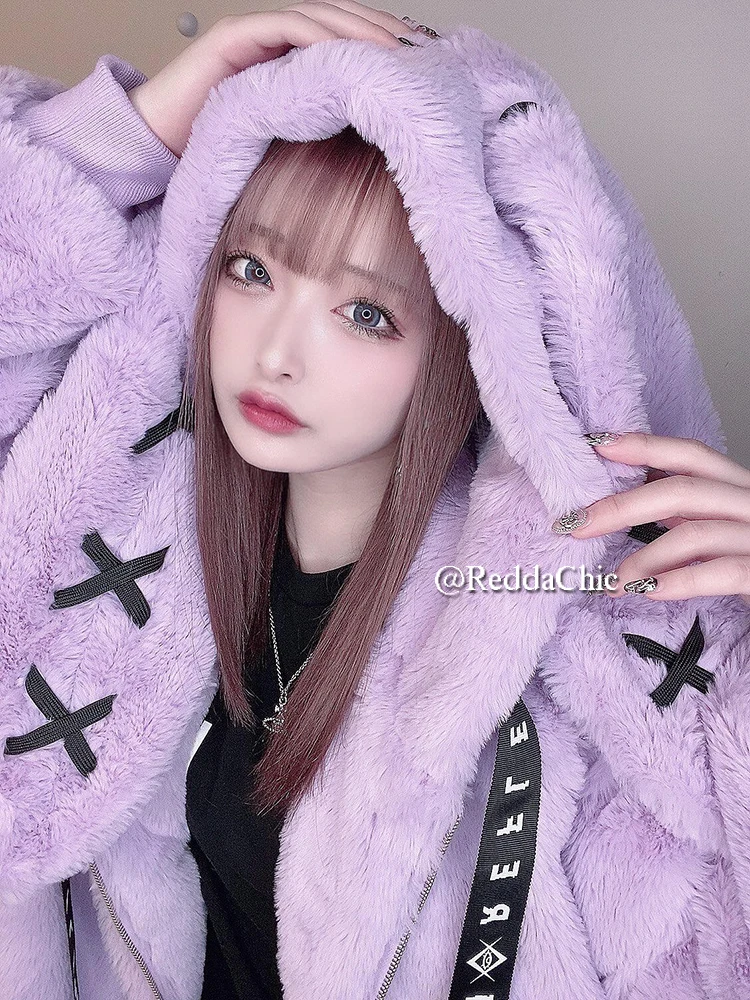 Reddic mantel mewah Kawaii dengan telinga kelinci wanita hoodie Zip-up lengan panjang bulu berjajar jaket ukuran besar pakaian luar musim dingin Lolita