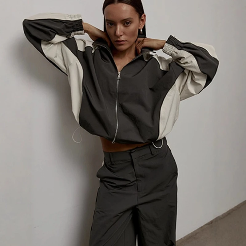 2026 Autumn New Fashionable Europe and America Retro Casual Loose Color Contrast Drawstring Sports Jacket Pants Set for Women