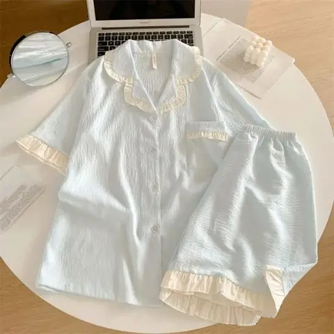 Women Ruffled Pajamas Set Summer Soft New 2026 Sleepwear Solid Simple Short Sleeve 2 Piece Loungewear Korean Sweet Nightwear