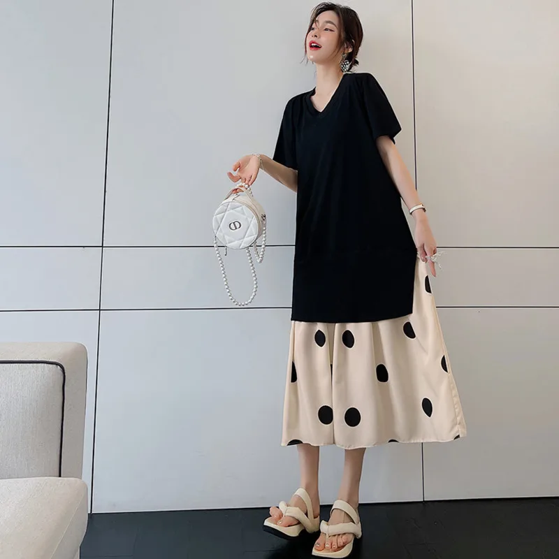 #6117 Summer Black Split Joint T Shirt Dress Women Polka Dot False Two Piece Midi Dress Short Sleeve Loose V-neck Streetwear