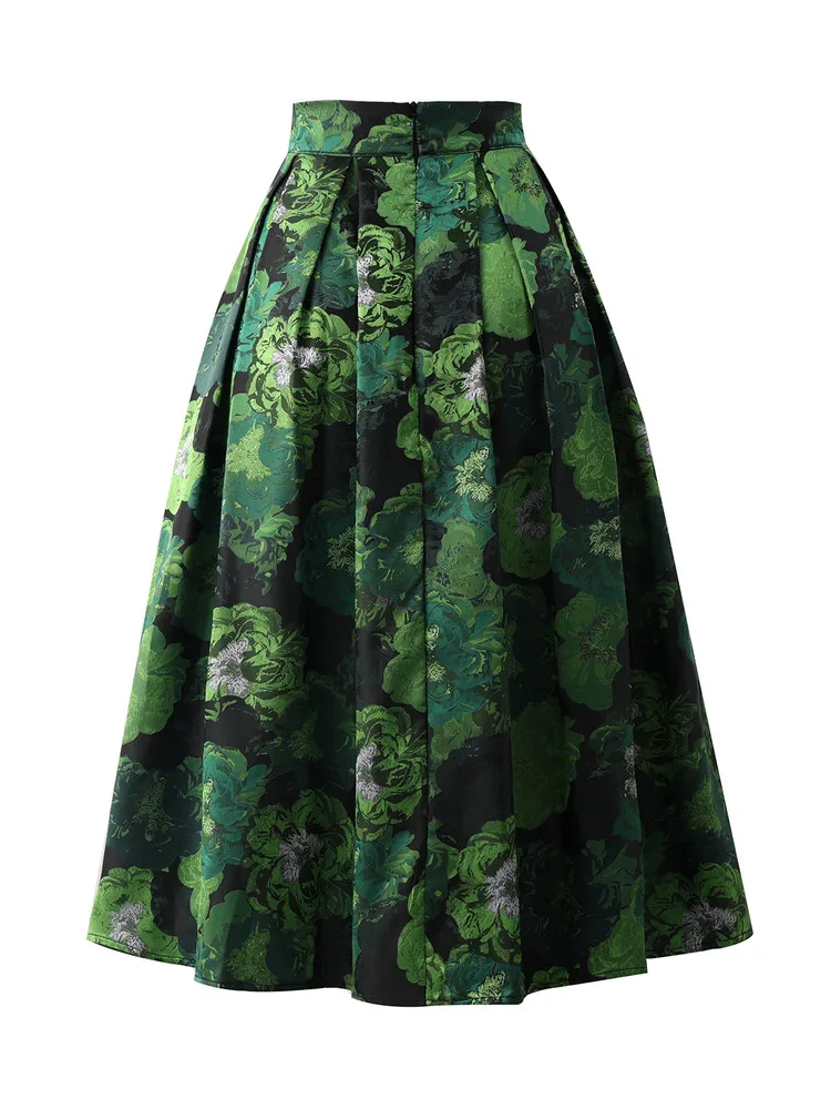 High Quality Elegant Lady Hepburn Style Mid-long Puff Skirt All-match Spring Autumn High Waist Green Jacquard Women A-line Skirt
