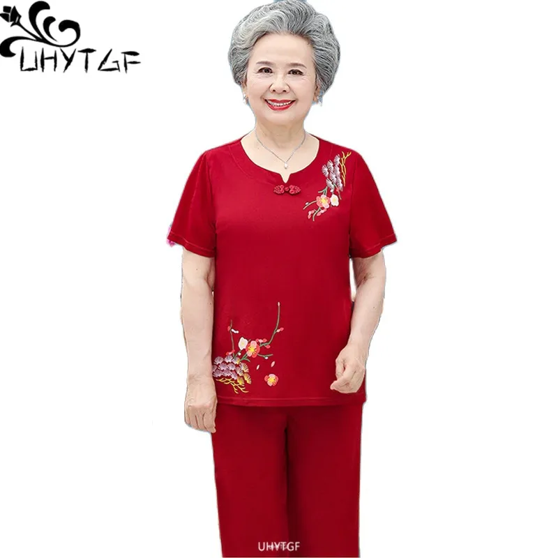 

UHYTGF Casual Women's Tracksuit Middle-Aged Elderly Mother Summer Two Piece Set Short Sleeves Print Thin Suit Female Outifits 63