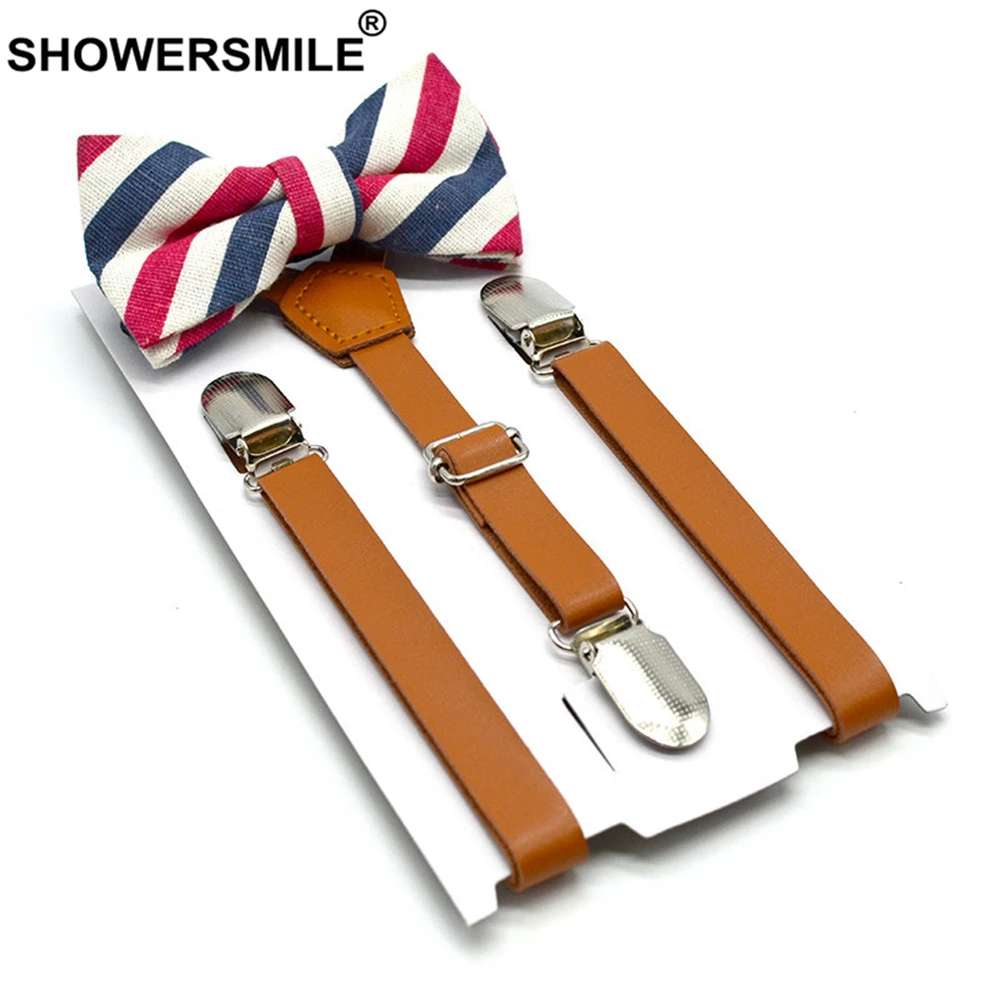 SHOWERSMILE Kids Suspenders With Bow Tie Leather British Style Boys Suspenders Vintage Wedding Brown Children Braces 75cm*2.5cm