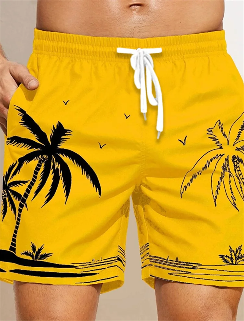 2024 Men\'s Beach Shorts Fun 3D Raffia Tree Print Swim Trunks Fashion Summer Loose Casual Pants Boy Girl Unisex Gym Board Shorts