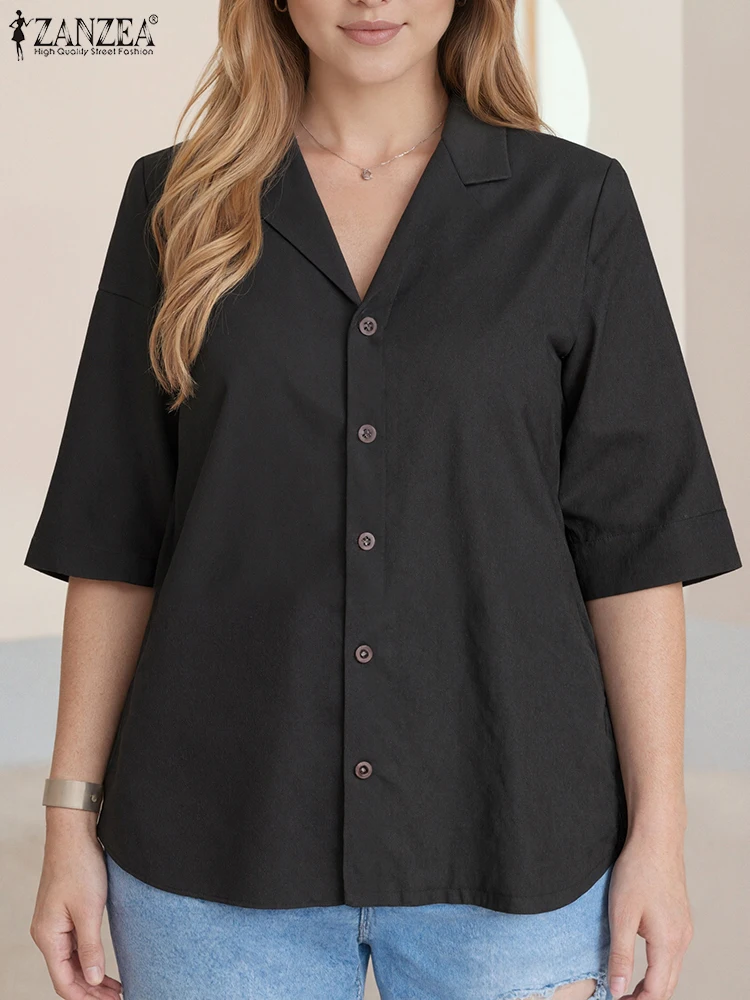 

ZANZEA 2025 Women Fashion Shirts Summer Half Sleeve Solid Color Tops Lapel Casual Loose Buttons Elegant Office Lady OL Blouse