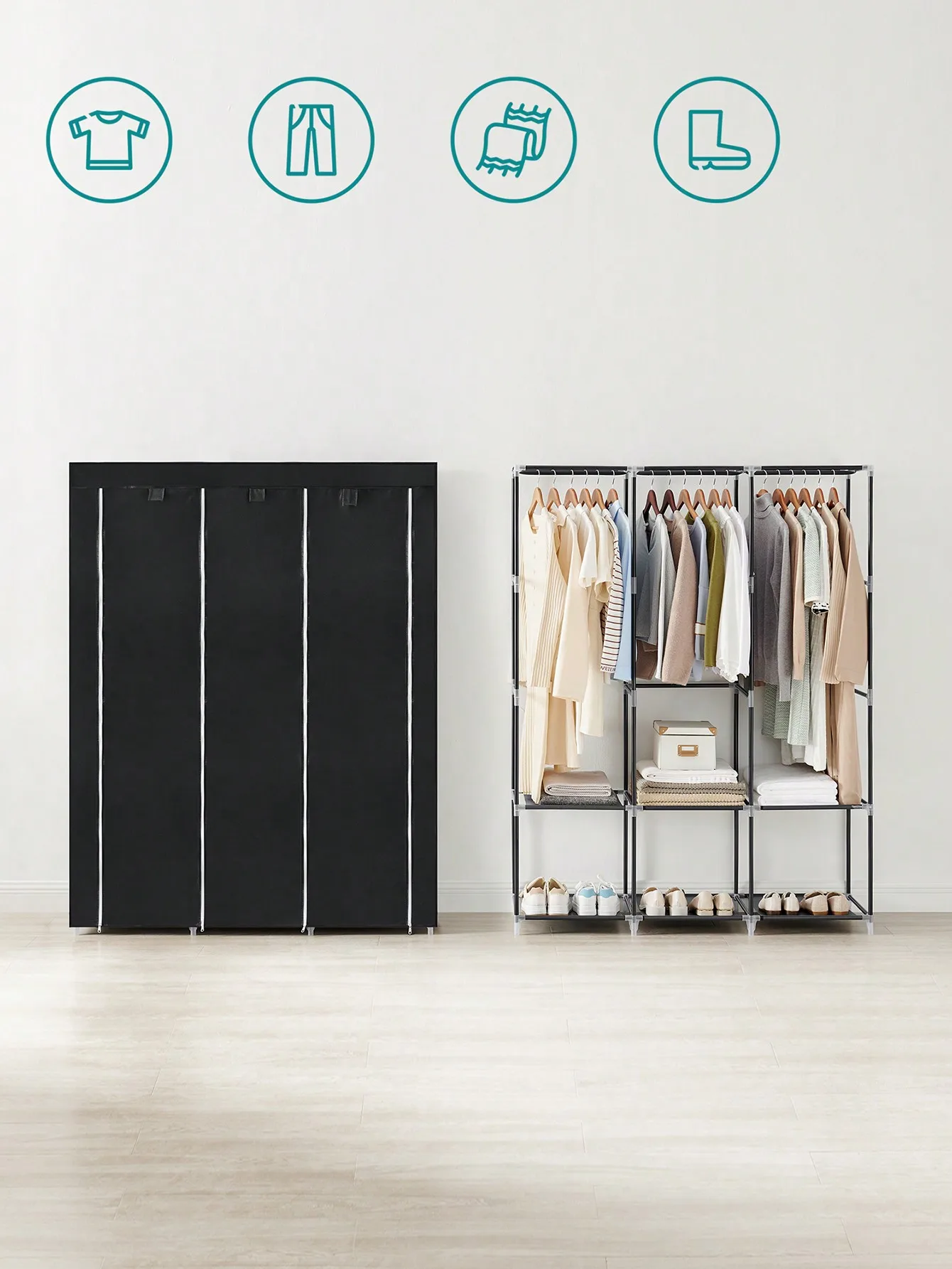 SONGMICS Portable Clothes Wardrobe:130x45x167cm,Cover,3 Hanging Rails,Shelves,4 Side Pockets,Large Capacity,Black,Bedroom