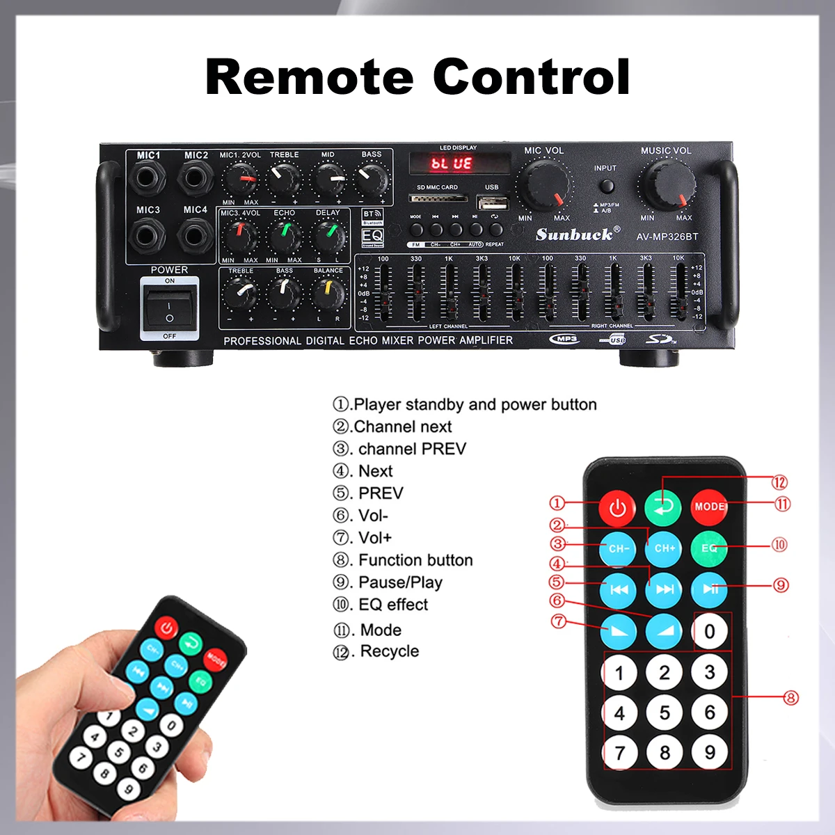 8000W Bluetooth-Verstärker 110/220V Audio-Stereo-Digital-Verstärker mit USB-, SD-, FM-, DVD-, AUX-Unterstützung, 4-Wege-Mikrofoneingang und Fernbedienung – Detail 9