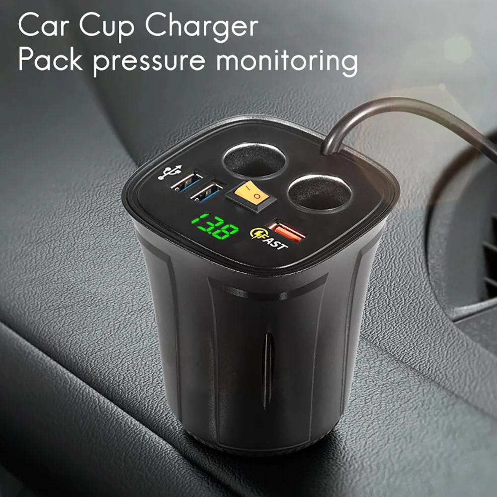 Car Charger Adapter Splitter 2 Socket 80W QC3.0 Fast Quick Charge USB 4.2A Cup Holder Voltmeter On/Off Switch