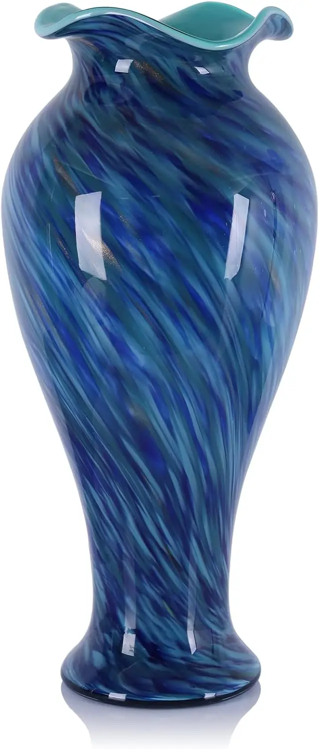 20-Inch Tall Handblown Glass Vase Featuring a Unique Ruffle Wide Mouth, Elegant Modern Glass Flower Decor Vase, Beautiful Colorful Vases for Home Living Room Bookshelves and High-End Wedding Centerpieces