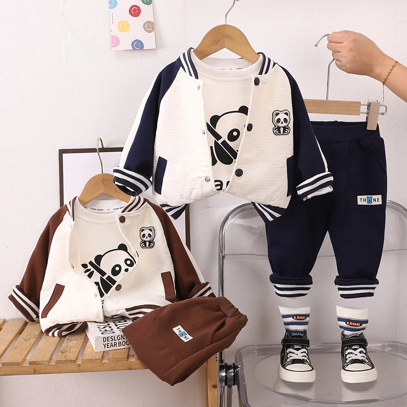 Niedliches Panda-Cardigan-Baseball-Jacken-Set, 3-teilig, für Babys, Jungen, Baumwoll-Langarm-T-Shirt, Hose, Herbst-Winter-Outfit, 80–120 cm. – Detail 1