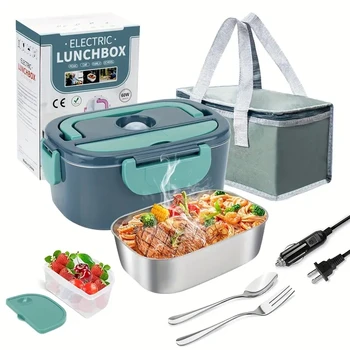 1pc Multi-function home and car dual-use two-in-one stainless steel Plug-in waterless heating electric lunch box