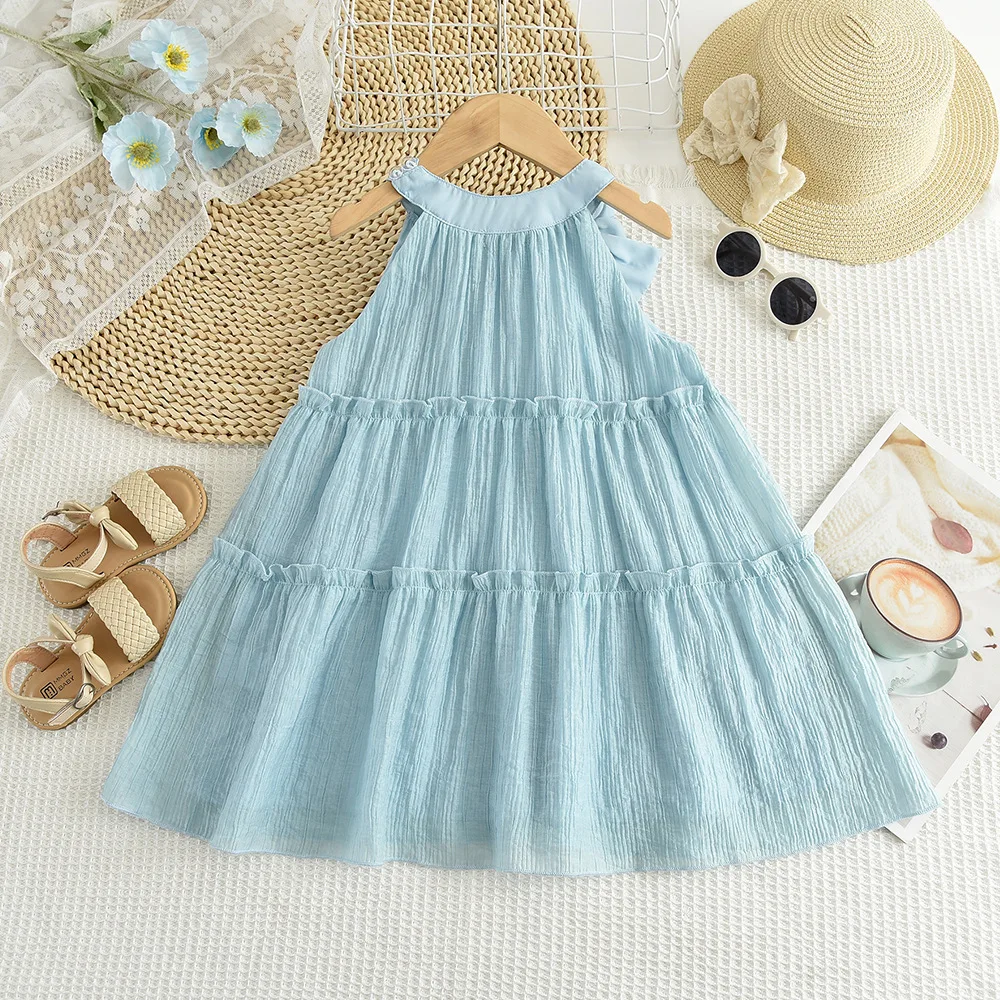 2026 Summer New Girls Blue Princess Dress Korean Style Multi Layer Chiffon Halter Dress with Bow for 100-140cm