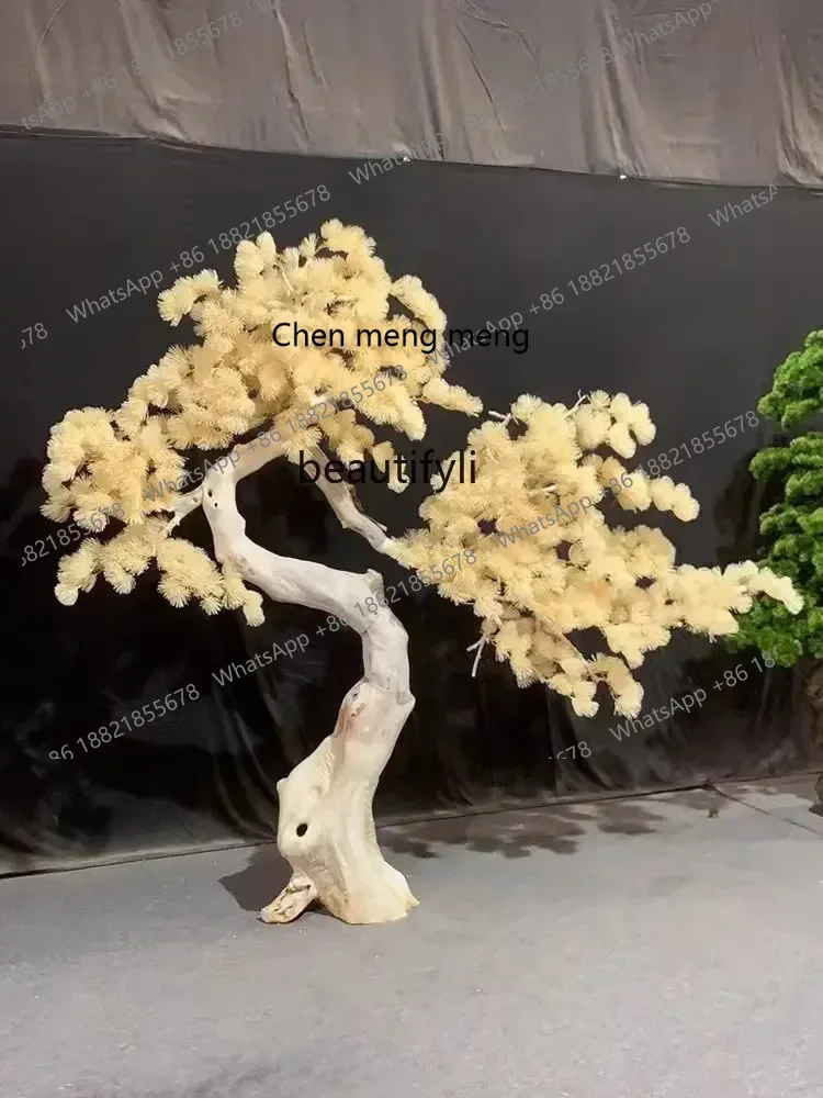 CC New Chinese Artificial Yellow Welcome Pine Large Old Root Carving Solid Wood Hotel Ornaments Landscape