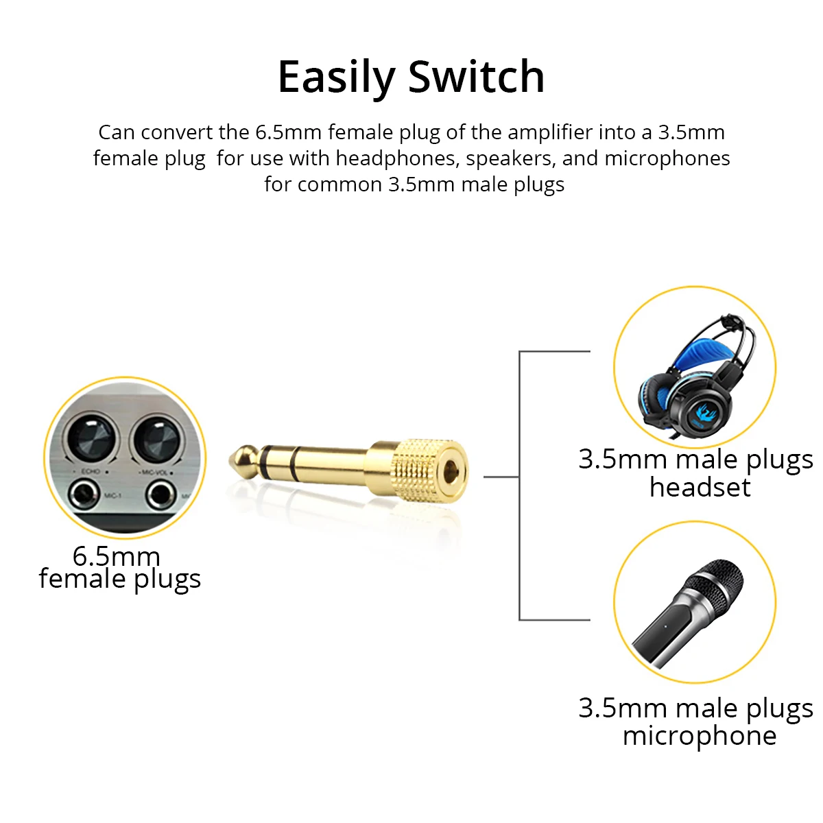 6.35 mm Male to 3.5 mm Female Headphone Adapter Wear-resistant Jack Converter Audio Plug Gold Plating Process Power Amplifier