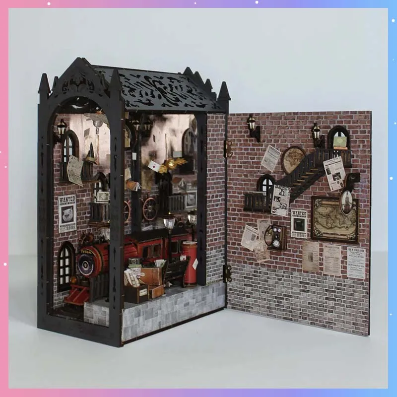 DIY Booknook Fantasy Train Platform DIY Wooden Assembled Handmade Model Building Kits Home Office Desktop Decoration Adult Gift