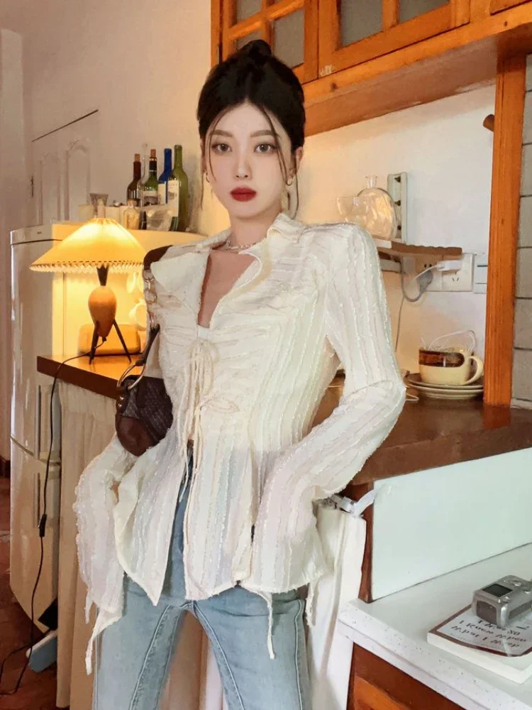 Koszule damskie koreańskie moda eleganckie lato słodki styl główna ulica szczupła wakacje Hotsweet sznurowane czysta nieregularna konstrukcja Blusas