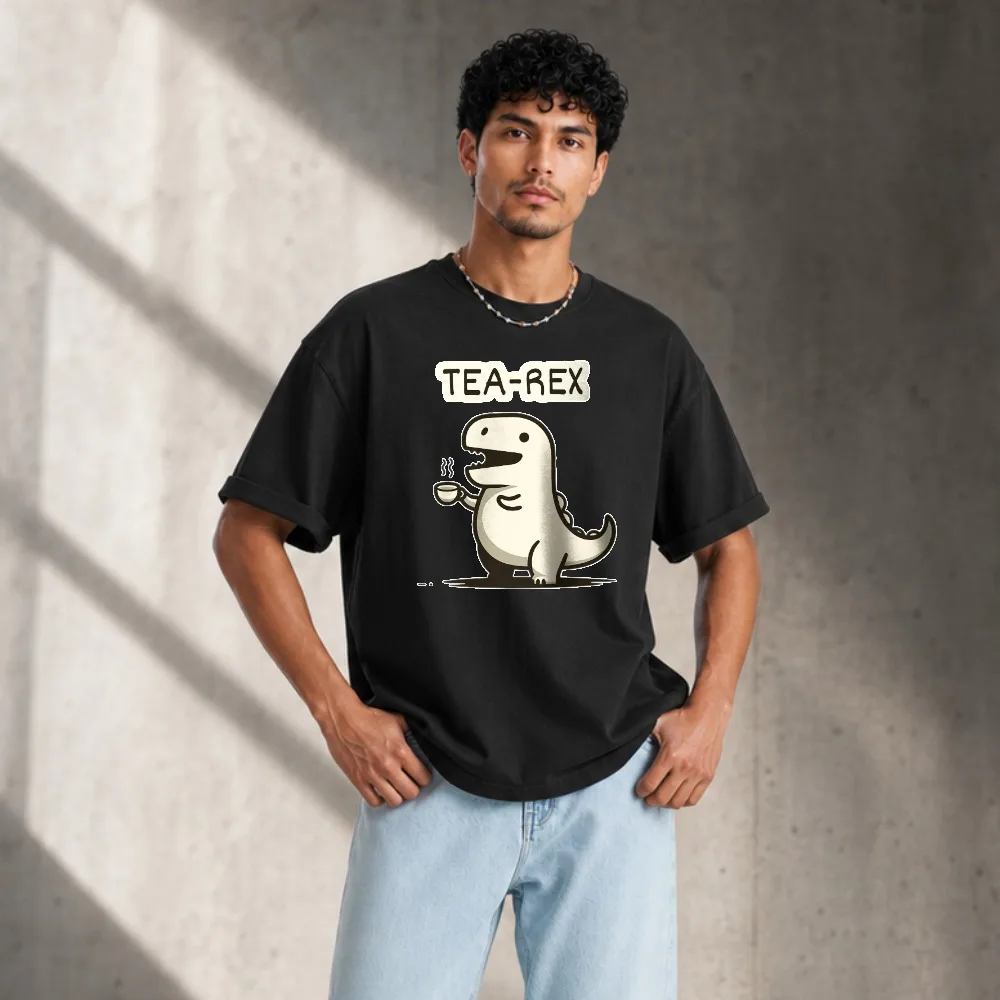 Men Funny Tea-Rex Pun Cartoon Drinking Tea Dinosaur Graphic T Shirt Cotton Tee Humor Slogan Streetwear Casual Cute Animal Print