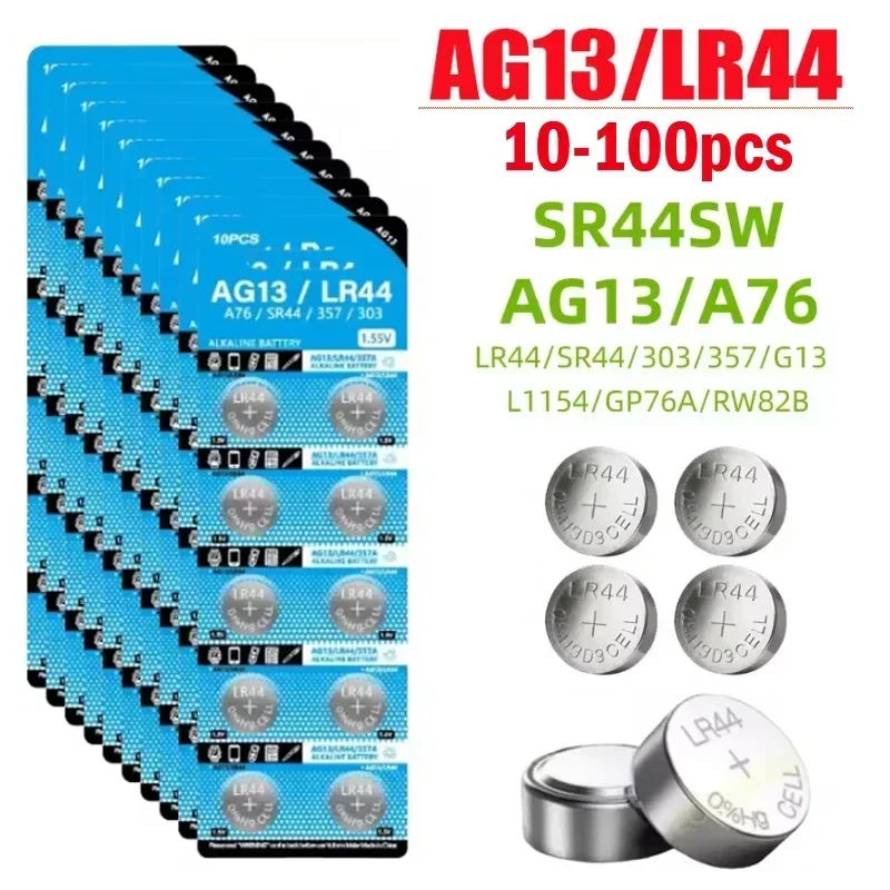Щелочная батарея типа «таблетка» AG13 LR44 A76 1,55 В SR44SW pila 357 303 для часов, игрушек, дистанционного управления, литиевая батарея без ртуты