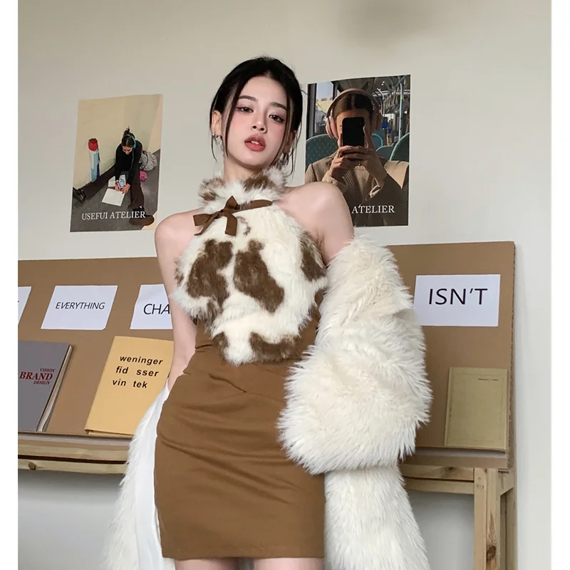 Spring Women' Clothing Dress Sexy Hot Girl Little Cow Contrast Color Fur Fur Top Design Hollow-out Cross Belt Buttock Skirt Suit