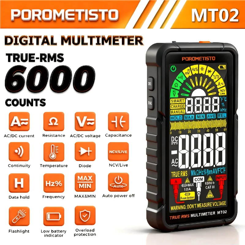 

POROMETISTO MT02 Умный цифровой мультиметр 6000 отсчетов NCV Перезаряжаемый мультиметр AC/DC Сопротивление напряжению Емкость Гц Тест