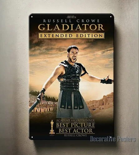Cartel de chapa de película Gladiador Russell Crowe, 20x30cm, aluminio