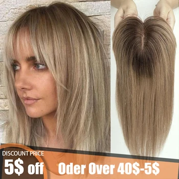 100% Remy Human Hair Toppers dla kobiet Straight Brown Ombre 10inch Human Hair Topper with Bangs Silk Base Clip in Hair Extension