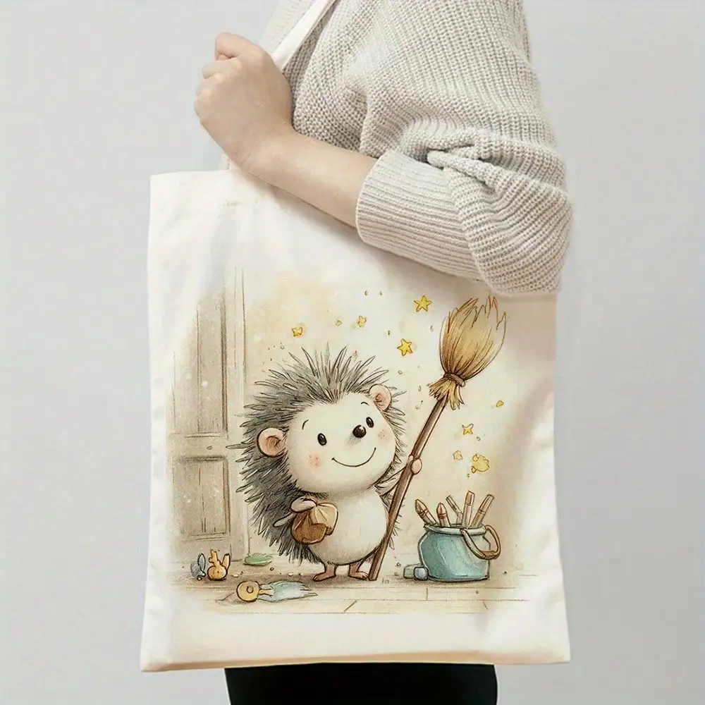 

Cute Hedgehog Cleaning Tote Bag - Reusable Grocery & Beach Bag With Adorable Hedgehog & Broom Design, Durable Polyester Canv