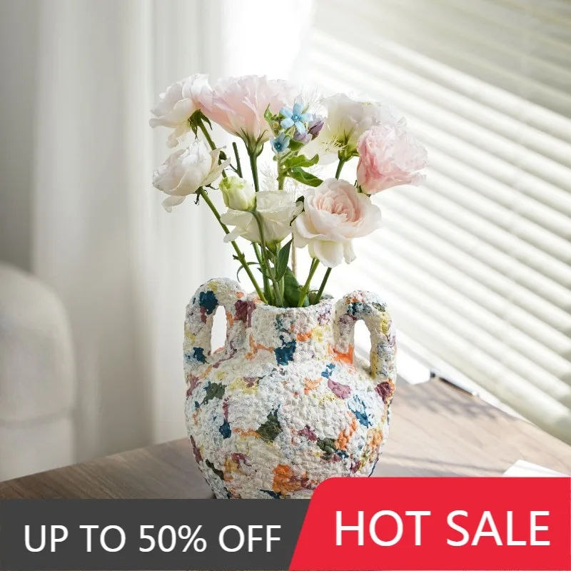 Ceramic Vase Retro Art Elegant Desktop Dried Flower Vase Pretty Aesthetic Flower Bottle Home Table Ornament Decorative Vases