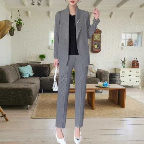 

Miyake Casual Suit Women's Suit Collar Fish Scale Pleated Fashion Jacket Versatile Elastic Waist Commuter Trousers Two-piece Set