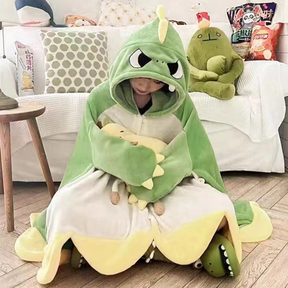 

Зеленая накидка с динозавром, костюмы для косплея на Хэллоуин, плащ с капюшоном в виде животных, зимняя флисовая женская ночная рубашка, толстовка с капюшоном для ленивого ТВ, одеяло, халаты