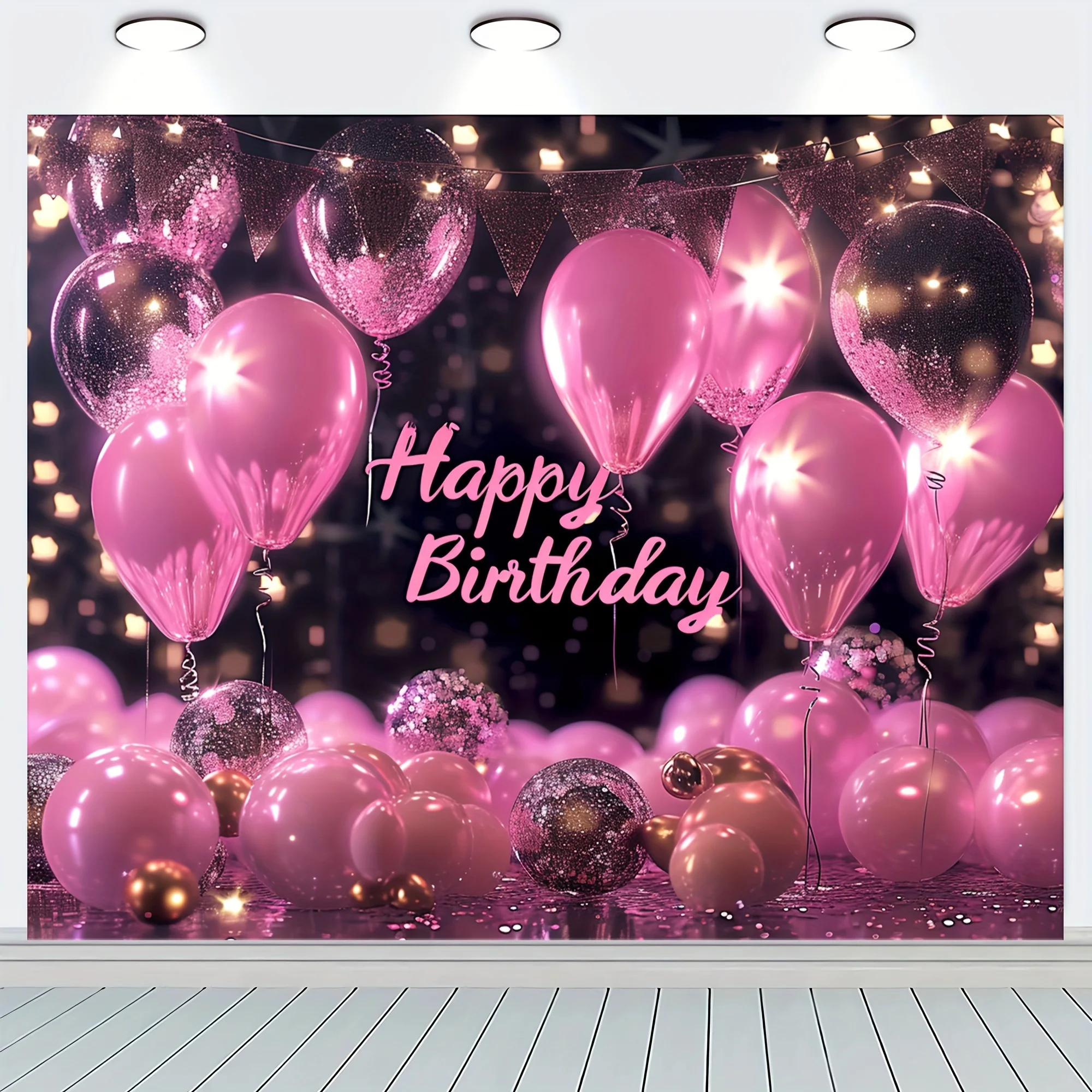 Pink and gold Happy Birthday background, sparkling black and rose gold party decorations, holiday birthday photography