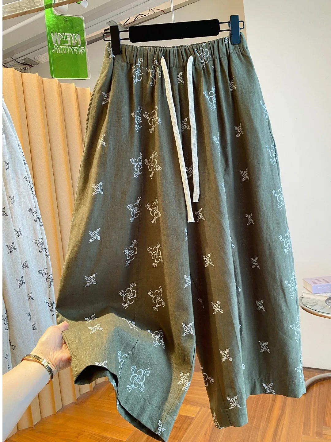 Retro Print Cotton Linen Wide Leg Pants Women Summer Thin Loose Fit Versatile Nine Point Straight Cut Trousers Trendy Casual ...