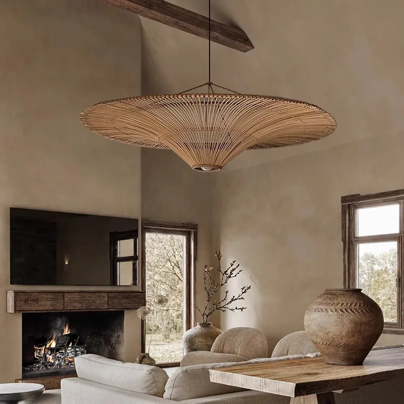 Vintage Rattan Pendant Lamp Wabi Sabi Wicker Chandelier For Living Room Restaurant Shop Decor Wood Handmade Straw Hat Chandelier