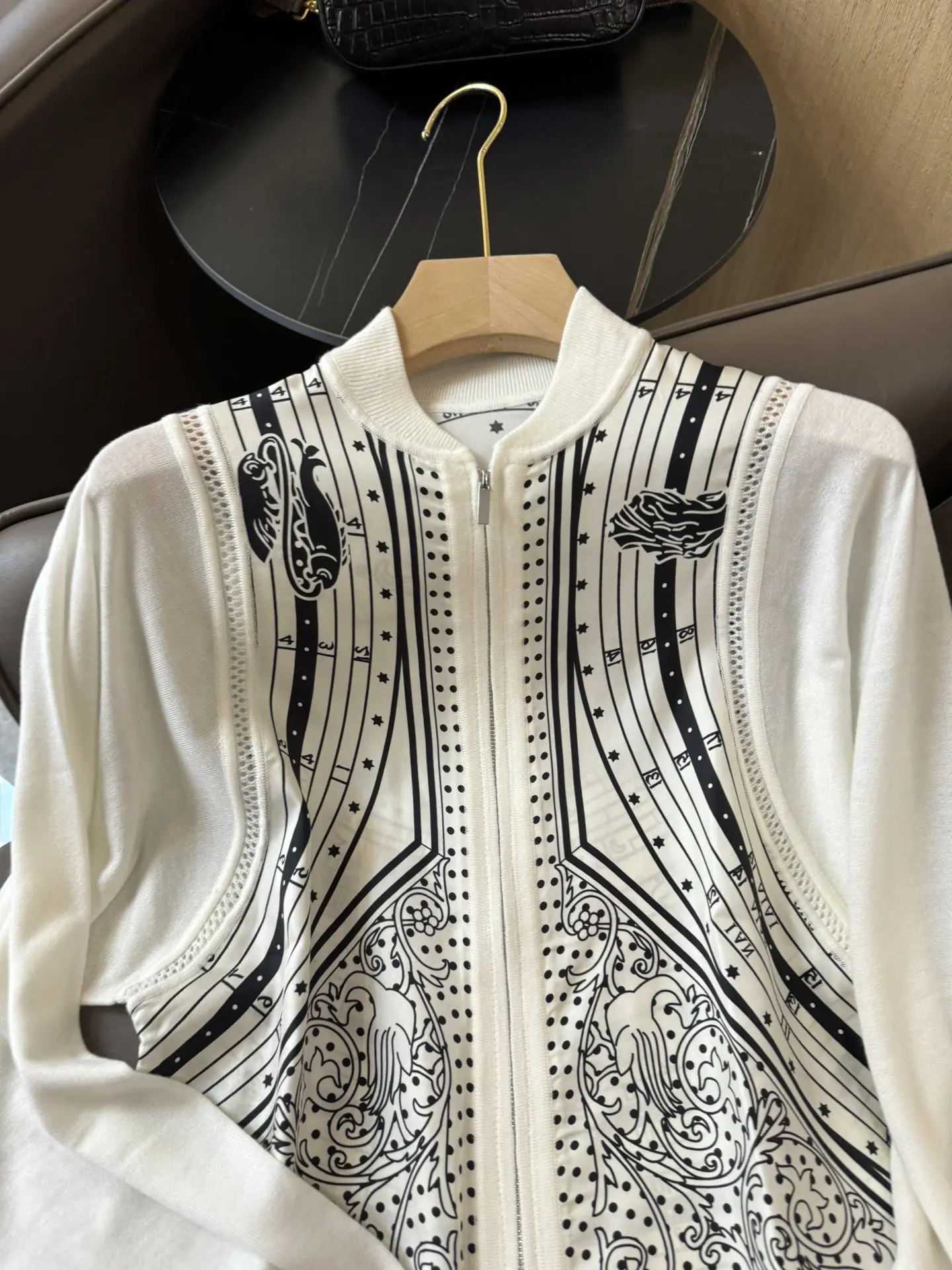 3.1 Silk Contrast Color Print Spliced Design Casual Comfortable Knit Cardigan Women