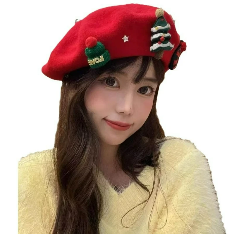 

Poinsettia Red Bow Beret for Women, Korean Style Wool Painter Hat, Sweet Festive Photo Accessory That Brightens Your Look