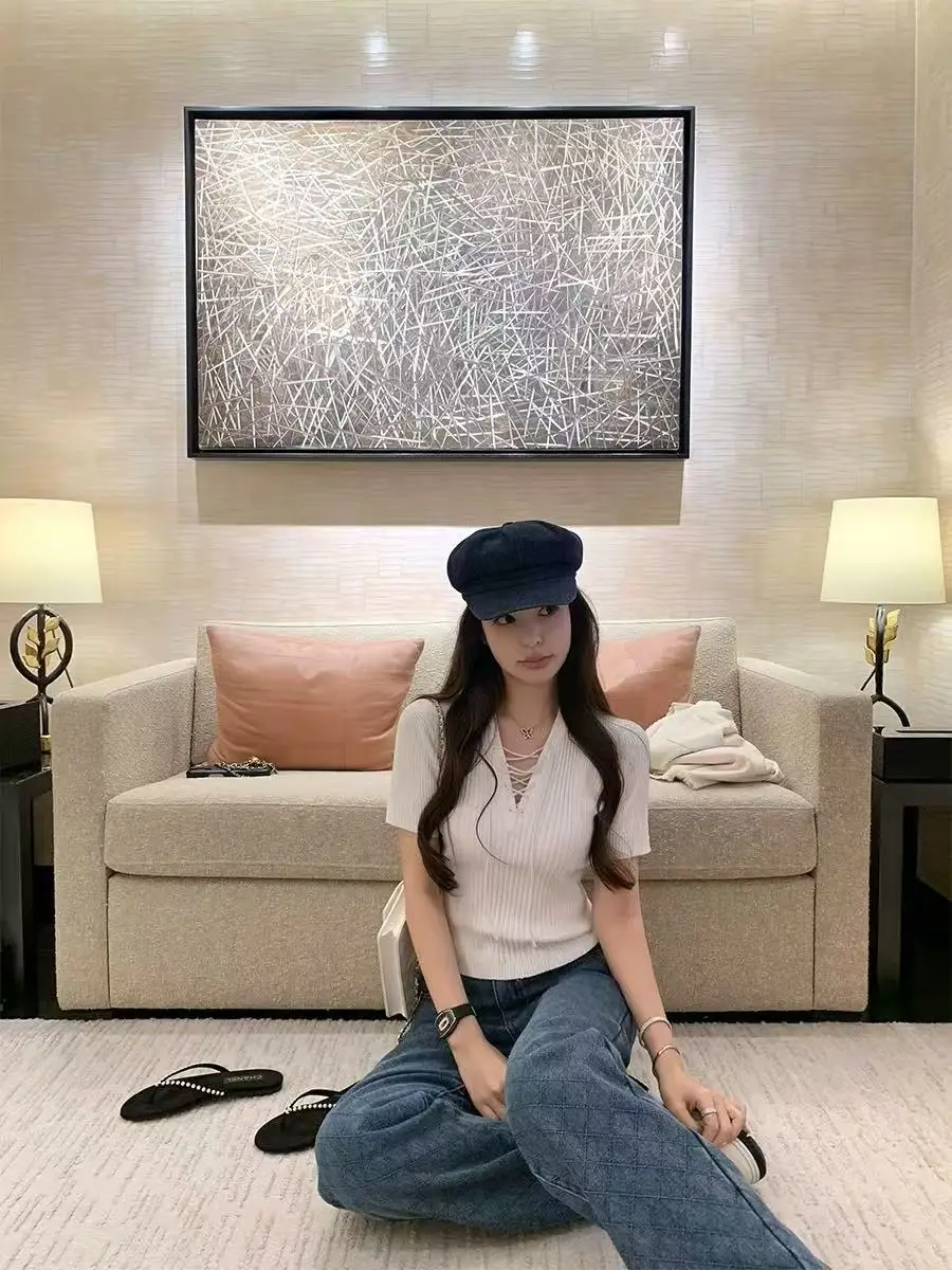 Pull à manches courtes et col rond pour femme, T-shirt slim pour femme, pulls fins, lacets sexy, document solide, printemps et été, N593