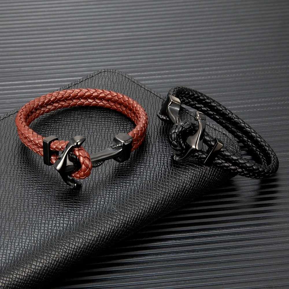 YIZIZAI New Arrival Hope Anchor Leather Bracelet Men Stainless Steel Charm Bracelets Wristband Fashion Jewelry Navy Style