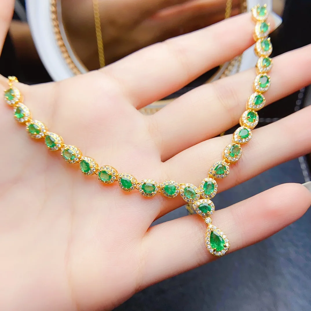 Natural Emerald Necklace 3x5mm, S925 Silver Inlaid Green Gemstone Jewelry