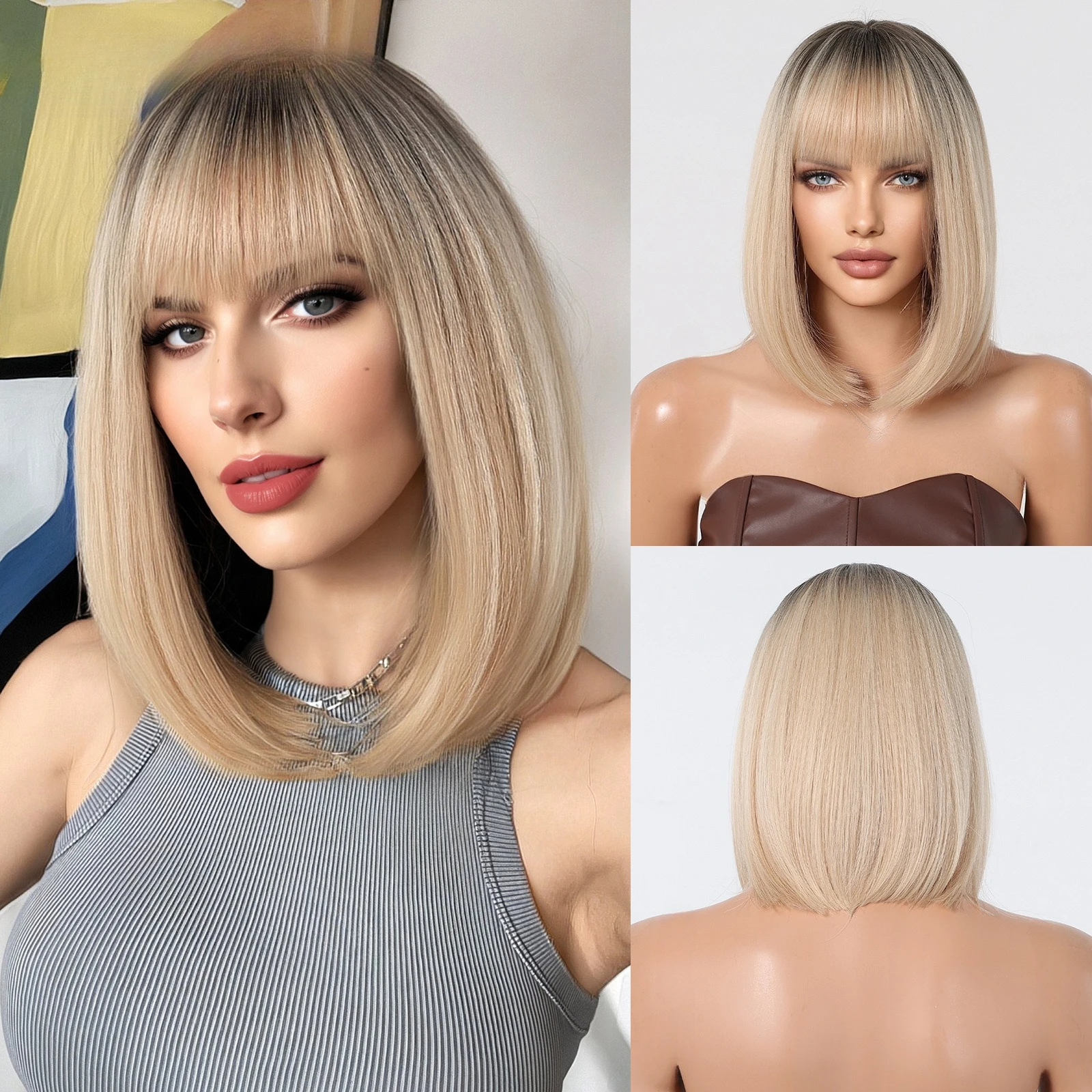

New natural and breathable Qi bangs blond short straight hair Bobo head European and American style wig full head hairstyle