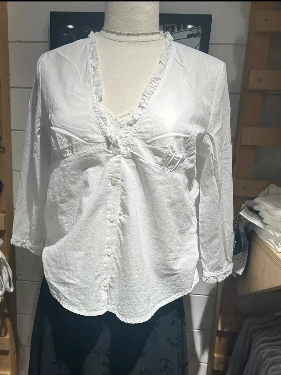 White Ruffles  Single Breasted T-Shirt Blouse Women Summer V-neck Haft Sleeve Tee Shirts Simple Sweet All-match Thin Tshirts New
