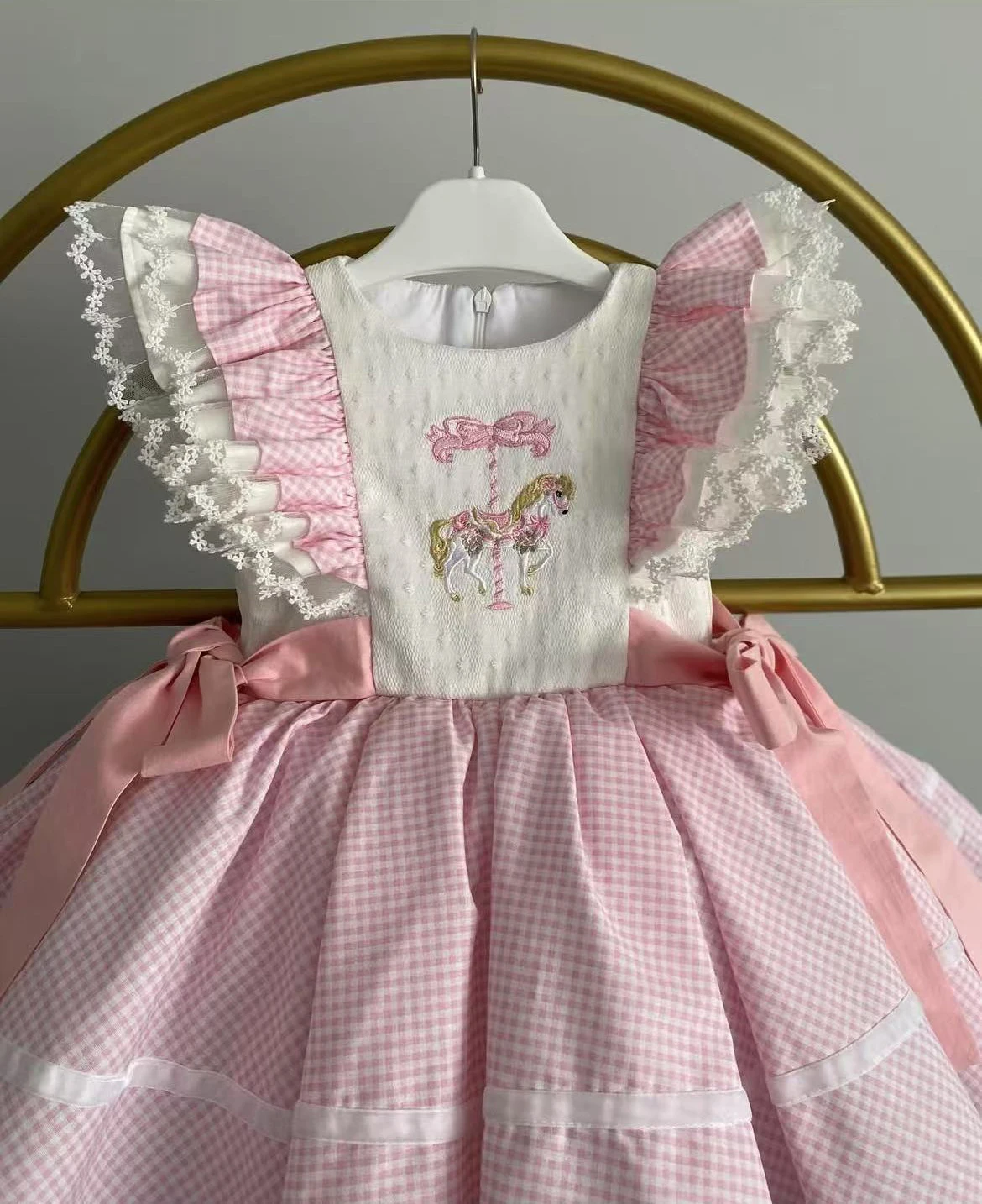 0-12Y Baby Girl Summer Merry-go-round Embroidery Pink Plaid Vintage Princess Dress for Holiday Birthday Photography B323