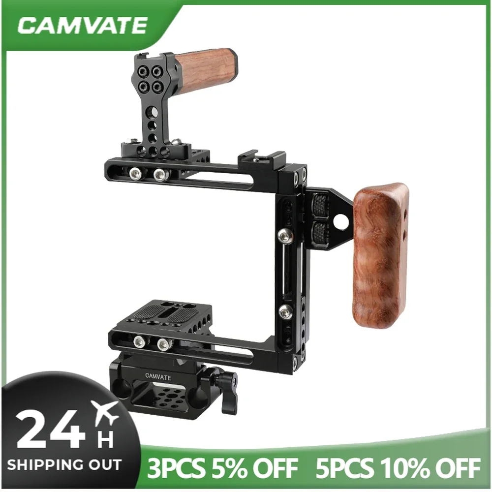 CAMVATE Adjustable Camera Cage Rig With Manfrotto Quick Release Baseplate 15mm Railblock for DSLR Shoulder Mount Tripod Head