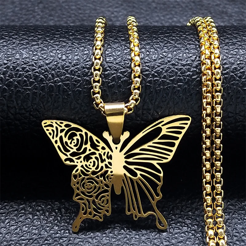 Aesthetic Butterfly Rose Flower Pendant Necklace Stainless Steel Gold Color Hollow Flying Wing Chain Jewelry Colgantes N6121S01