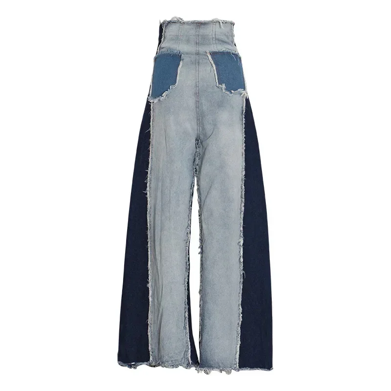 Patchwork Y2k Blue Denim Pants High Waist Vintage Zipper Jeans Streetwear Loose Wide Leg Trousers Fashion Casual Pants For Women